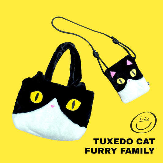 Furry tote bag & A5 mini bag: Tuxedo Cat